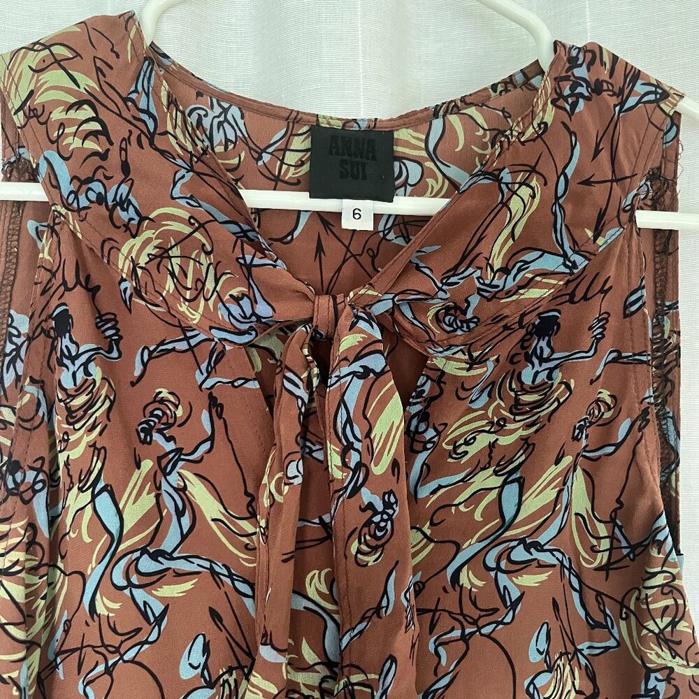 Anna Sui sleeveless silk maxi dress brown blue graphic print size 6
